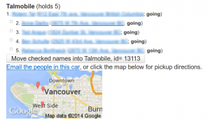 Example of the pick up tool with passengers' names, addresses and telephone numbers, and map