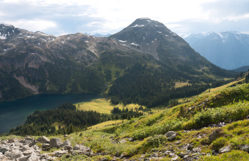 View of Tenquille lake and Copper Mound from Finch Ridge. The cabin is located close to the centre of the picture.